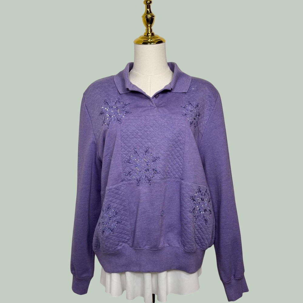 alfred dunner purple embroidered henley sweater cottagecore grandmacore fairy